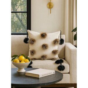 Luxury 14x14 Beige Pillow Cover with Real Rabbit & Fox Fur Pom Poms
